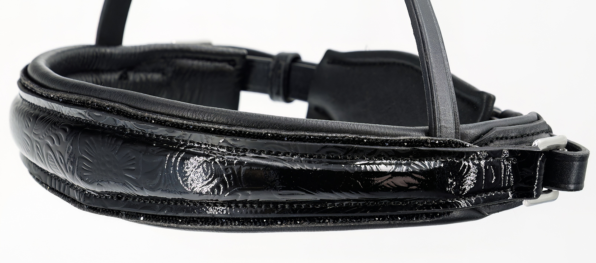 Reithalfter-Paisley-Lack-mit-Muster-Glitzer-Schwarz-Schwarz-ohne-Sperrriemen Reithalfter-Paisley-Lack-mit-Muster-Glitzer-Schwarz-Schwarz-ohne-Sperrriemen