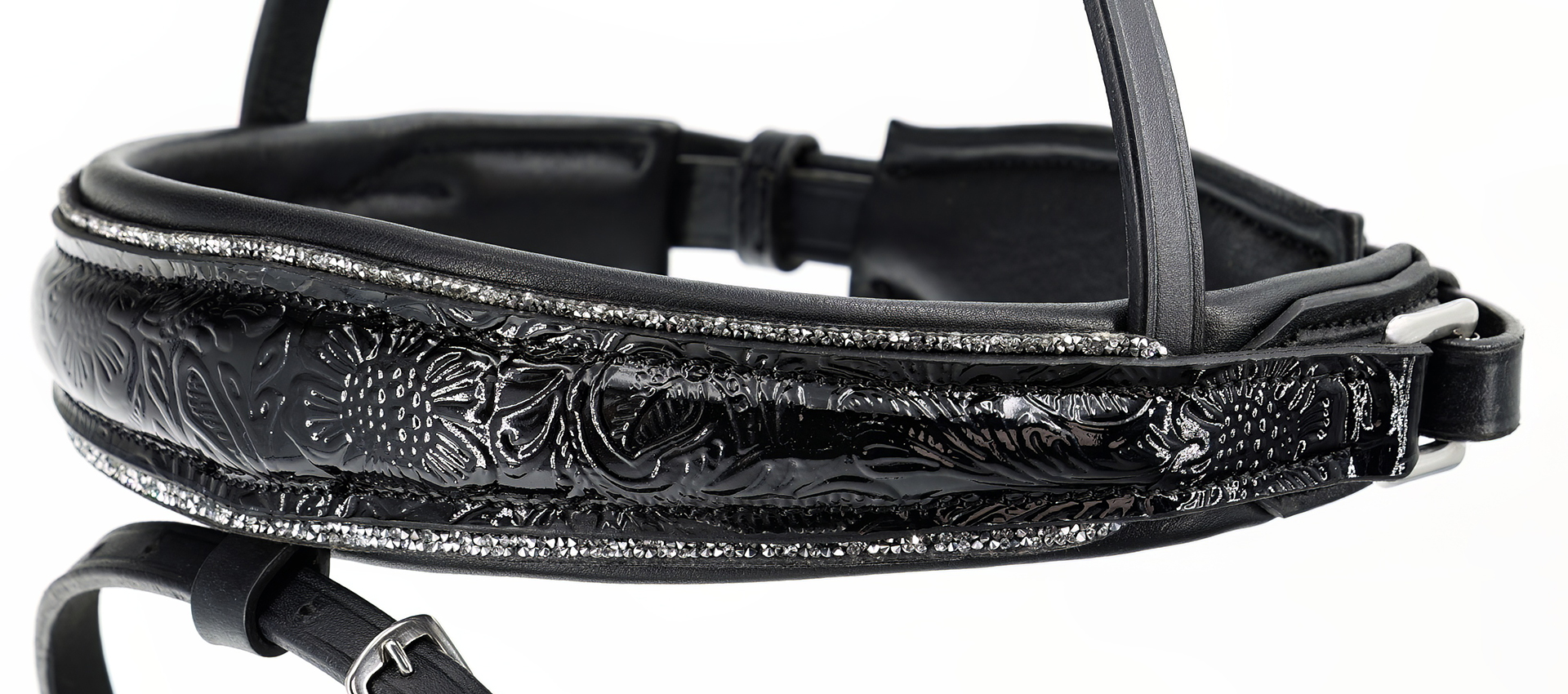 Reithalfter-Paisley-Lack-mit-Muster-Glitzer-Schwarz-Silber-entfernbarer-Sperrriemen Reithalfter-Paisley-Lack-mit-Muster-Glitzer-Schwarz-Silber-entfernbarer-Sperrriemen