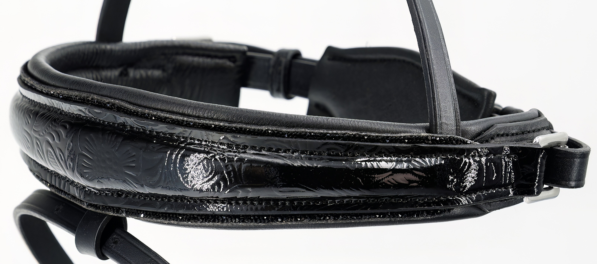 Reithalfter-Paisley-Lack-mit-Muster-Glitzer-Schwarz-Schwarz-entfernbarer-Sperrriemen Reithalfter-Paisley-Lack-mit-Muster-Glitzer-Schwarz-Schwarz-entfernbarer-Sperrriemen