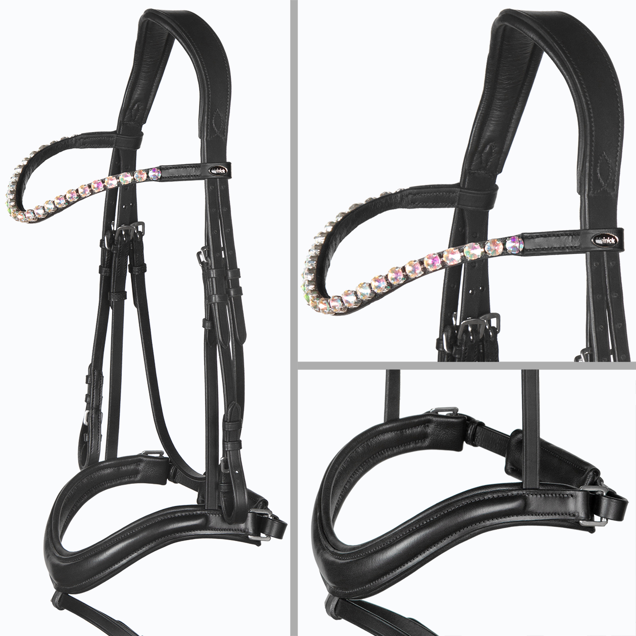 Trense-Anatomisches-Reithalfter-grosse-Steine-Curved-Schwarz-Unterlegt-Warmblut-Vollblut-Glow-Rainbow