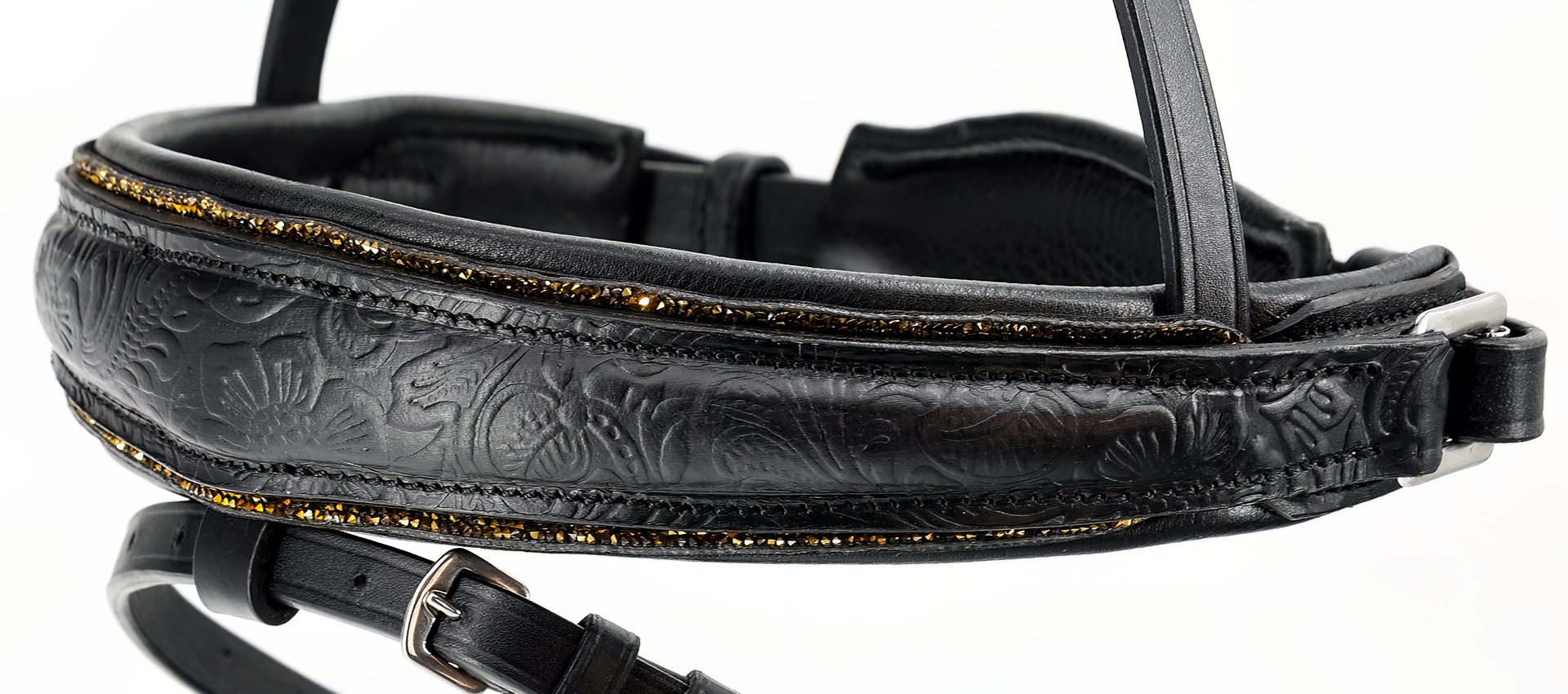 Reithalfter-Paisley-mit-Muster-Glitzer-Schwarz-Gold-entfernbarer-Sperrriemen Reithalfter-Paisley-mit-Muster-Glitzer-Schwarz-Gold-entfernbarer-Sperrriemen