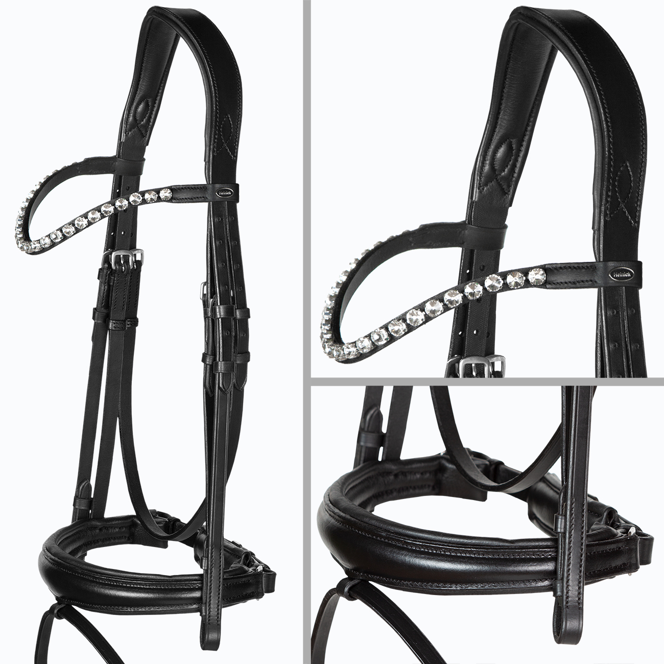 Trense-anatomisch-konisches-Reithalfter-grosse-steine-Zaumhaken-Performance-Schwarz-Warmblut-Vollblut-Glow-Silver