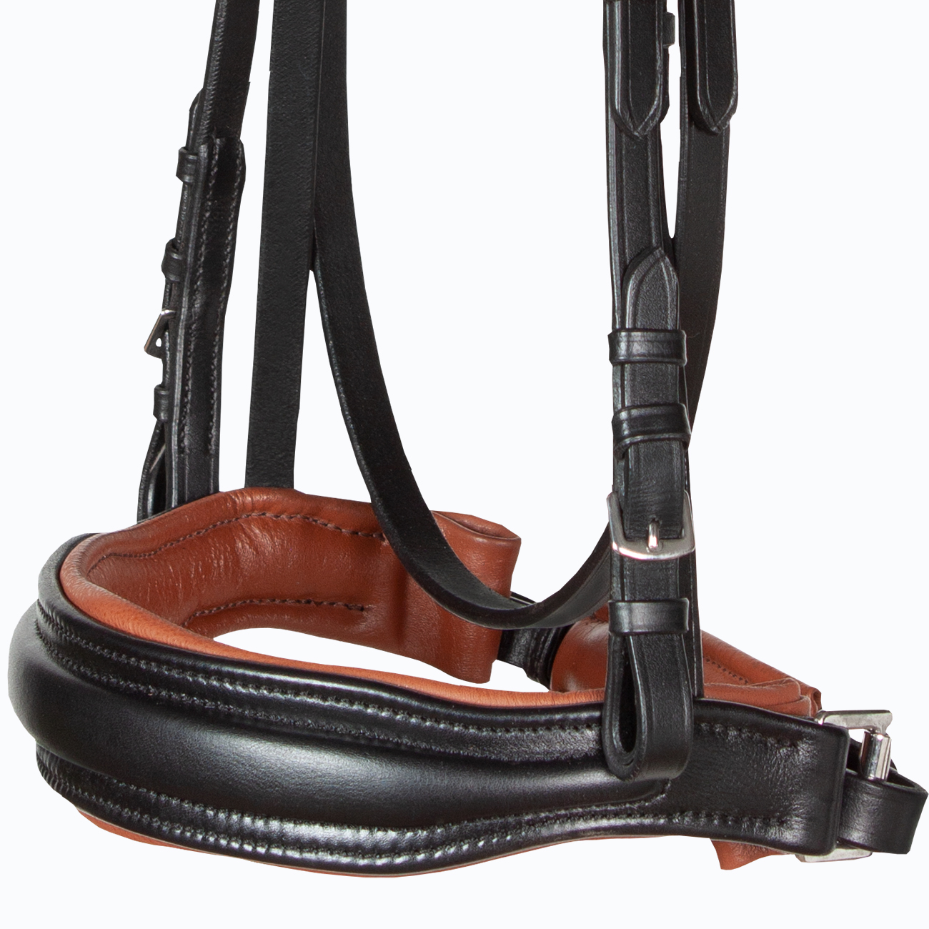 Reithalfter-schwedisch-ohne-Sperrriemen-Schnallen-anatomisch-Custom-Schwarz-Havanna-Warmblut-Vollblut