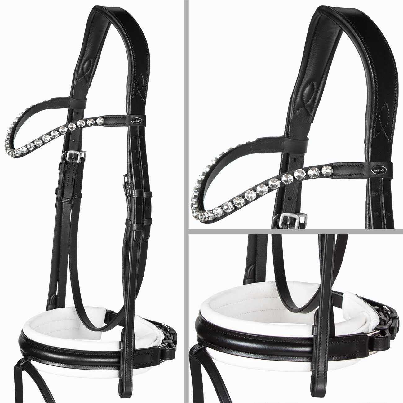 Trense-Extra-Breites-Reithalfter-grosse-steine-Zaumhaken-Motion-Weiss-Unterlegt-Warmblut-Vollblut-Glow-Silver