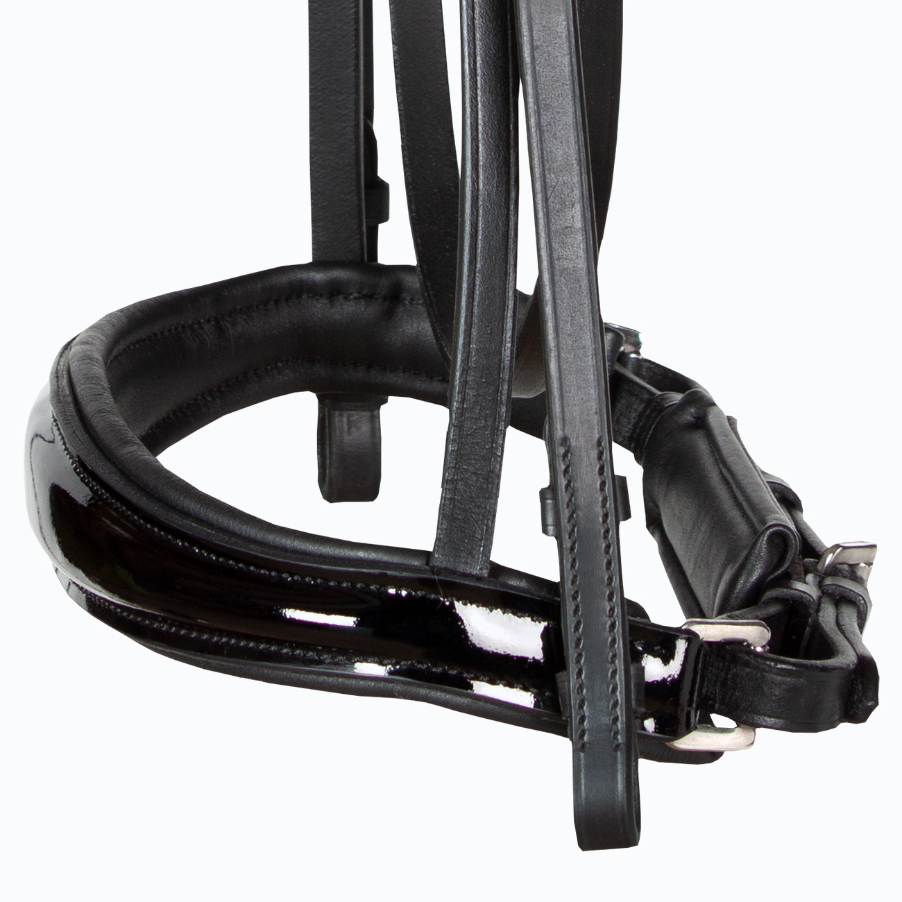 Reithalfter-schwedisch-ohne-Sperrriemen-Zaumhaken-schwarz-lack-anatomisch-Competition-Warmblut-Vollblut
